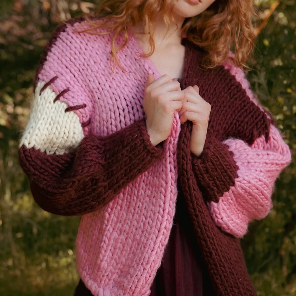 Ivy City Co Pink, Burgundy & Cream Chunky Knit Marissa Cardigan, Size Large